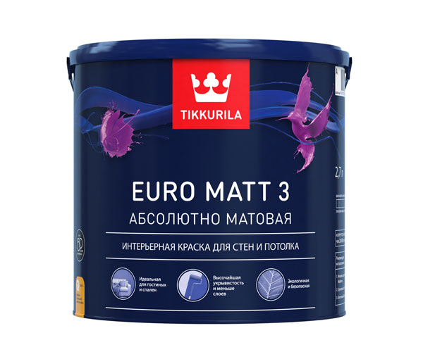 Краска Tikkurila Euro Matt 3 (Евро Мат 3) купить (0,9 л, 2,7 л, 9 л, 18 л)  в Москве, цена